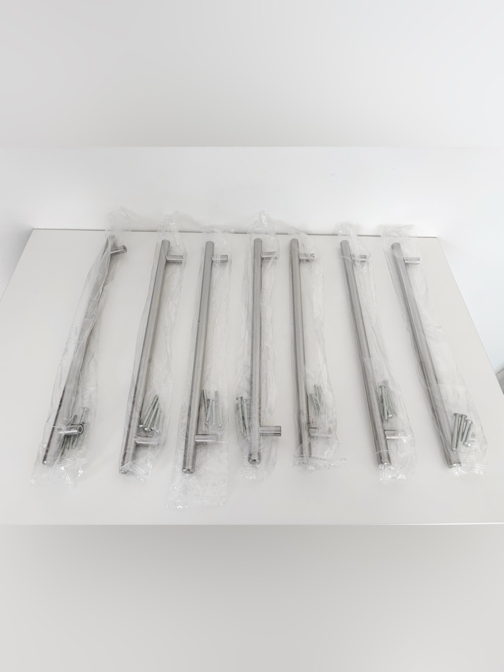 Set of 7 Brushed / Satin Nickel T-Bar Cabinet Pulls (10” Center-to-Center)
